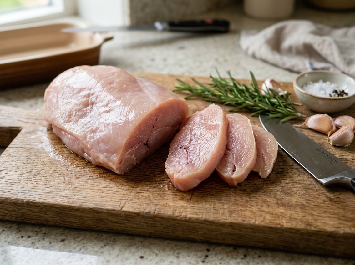 Close-up of raw chicken breast with visible veins on a wooden cutting board surrounded by fresh herbs and garlic.
