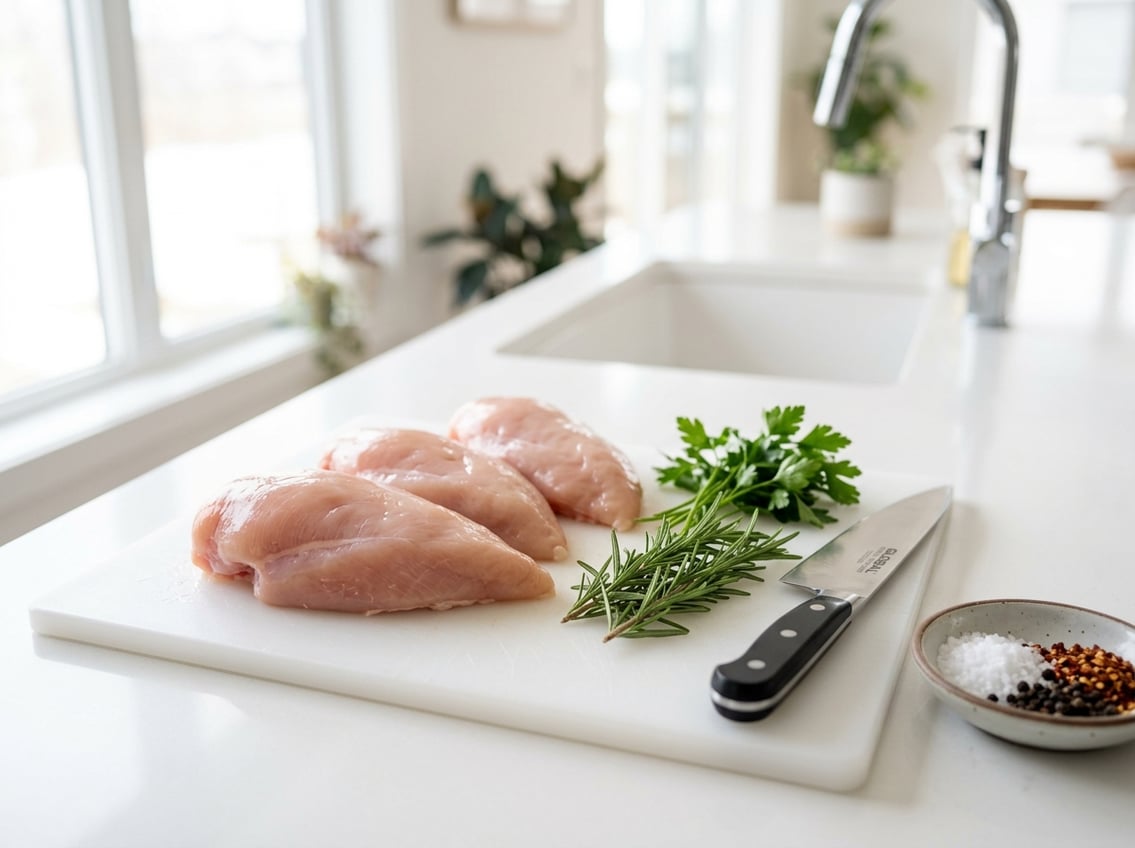 Raw chicken breasts with visible veins on a cutting board surrounded by herbs and a knife in a bright kitchen.