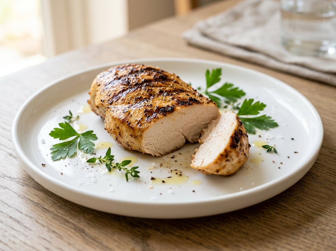 A cooked chicken breast on a white plate garnished with green herbs.