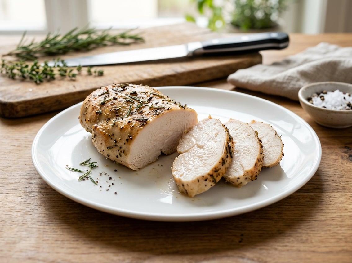 A sliced cooked chicken breast on a white plate with fresh herbs and a knife in the background.