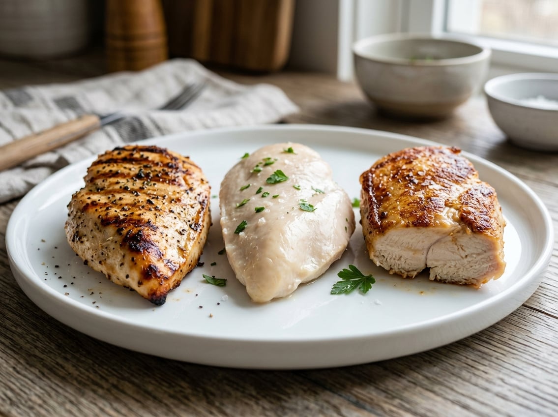 Three pieces of chicken breast cooked by grilling, poaching, and pan-searing, displayed side by side on a white plate.