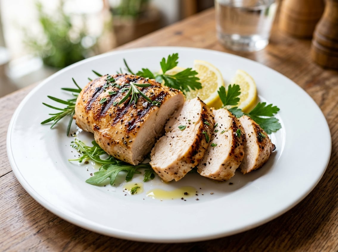 A cooked chicken breast on a white plate with herbs and lemon slices.