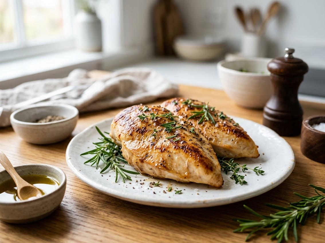 Close-up of juicy, golden brown cooked chicken breasts garnished with fresh herbs on a white plate with kitchen ingredients nearby.