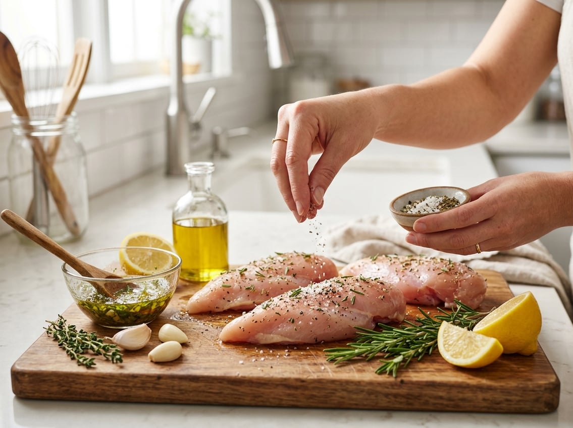 Hands seasoning raw chicken breasts with herbs and spices on a wooden cutting board surrounded by fresh ingredients in a kitchen.