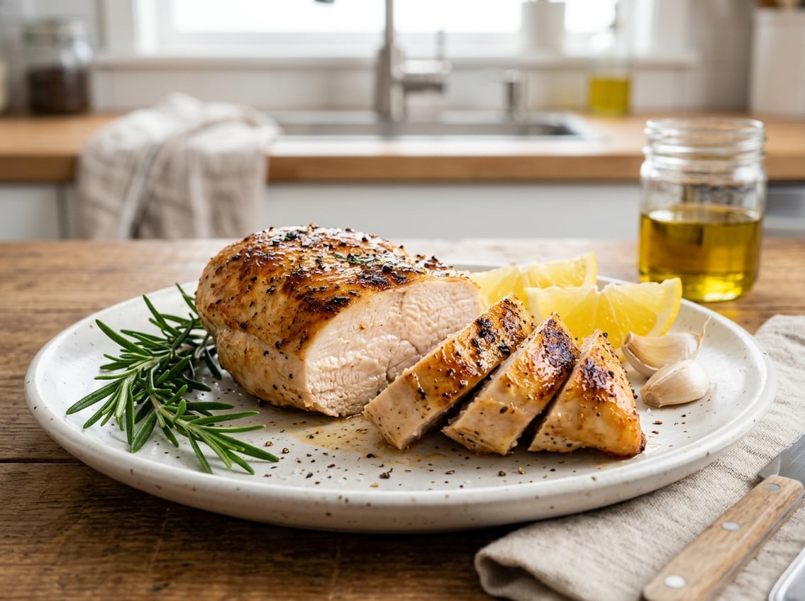 A sliced, juicy chicken breast on a white plate with fresh herbs and lemon wedges in a kitchen setting.