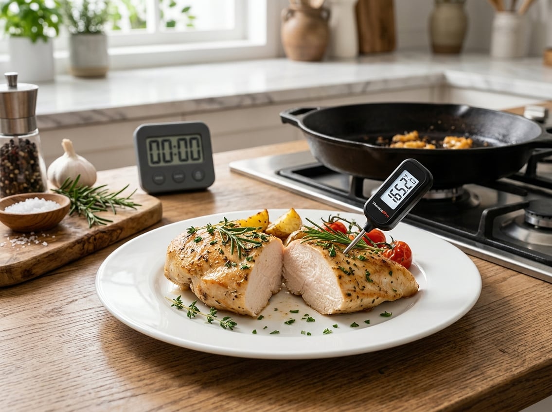 A sliced cooked chicken breast on a plate with a kitchen thermometer inserted, surrounded by cooking tools and herbs on a kitchen countertop.