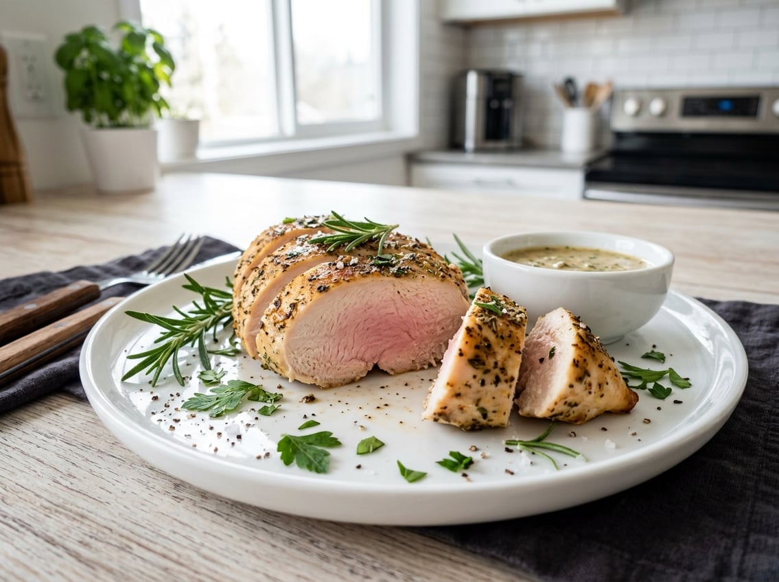 Close-up of sliced cooked chicken breast with a slightly pink center on a white plate, garnished with fresh herbs and a small bowl of sauce.
