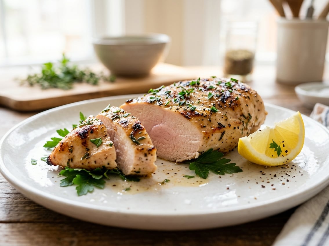 Close-up of a cooked chicken breast with a slight pink center on a white plate garnished with herbs and lemon.