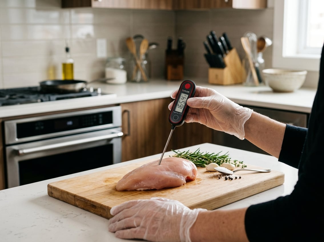 A person wearing gloves checking the temperature of a raw chicken breast with a food thermometer in a kitchen.
