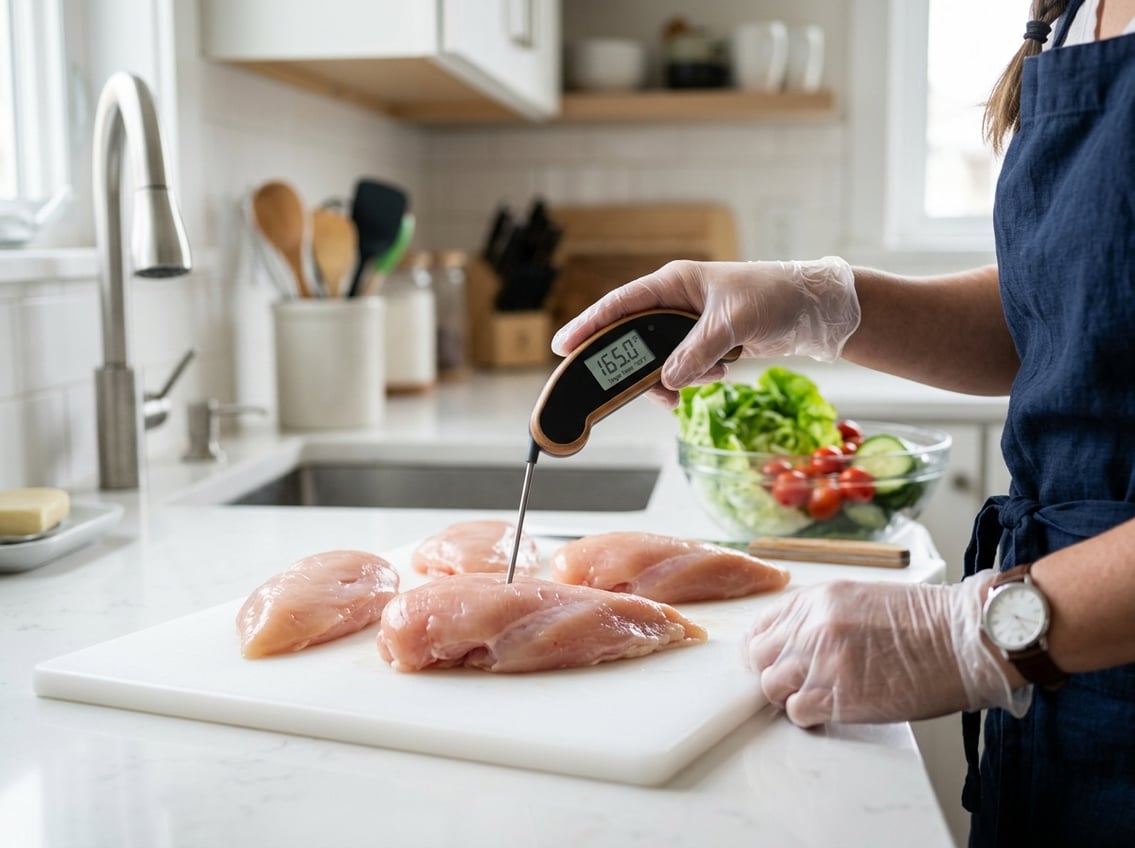 A person checking the temperature of raw pink chicken breast with a digital thermometer in a clean kitchen.