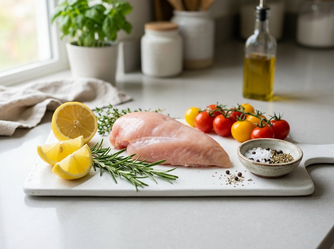 A fresh raw chicken breast on a white cutting board surrounded by lemon slices, rosemary, cherry tomatoes, and spices on a kitchen countertop.