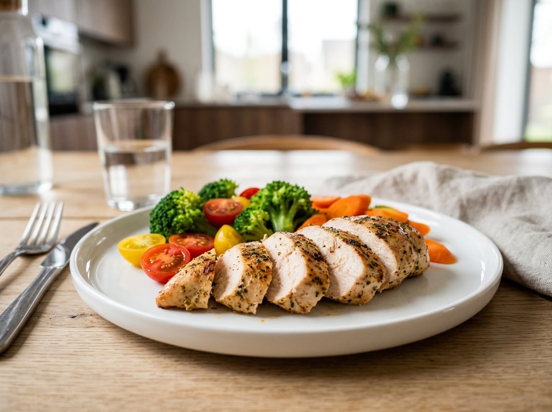 A cooked chicken breast on a white plate with fresh vegetables including broccoli, cherry tomatoes, and carrots.