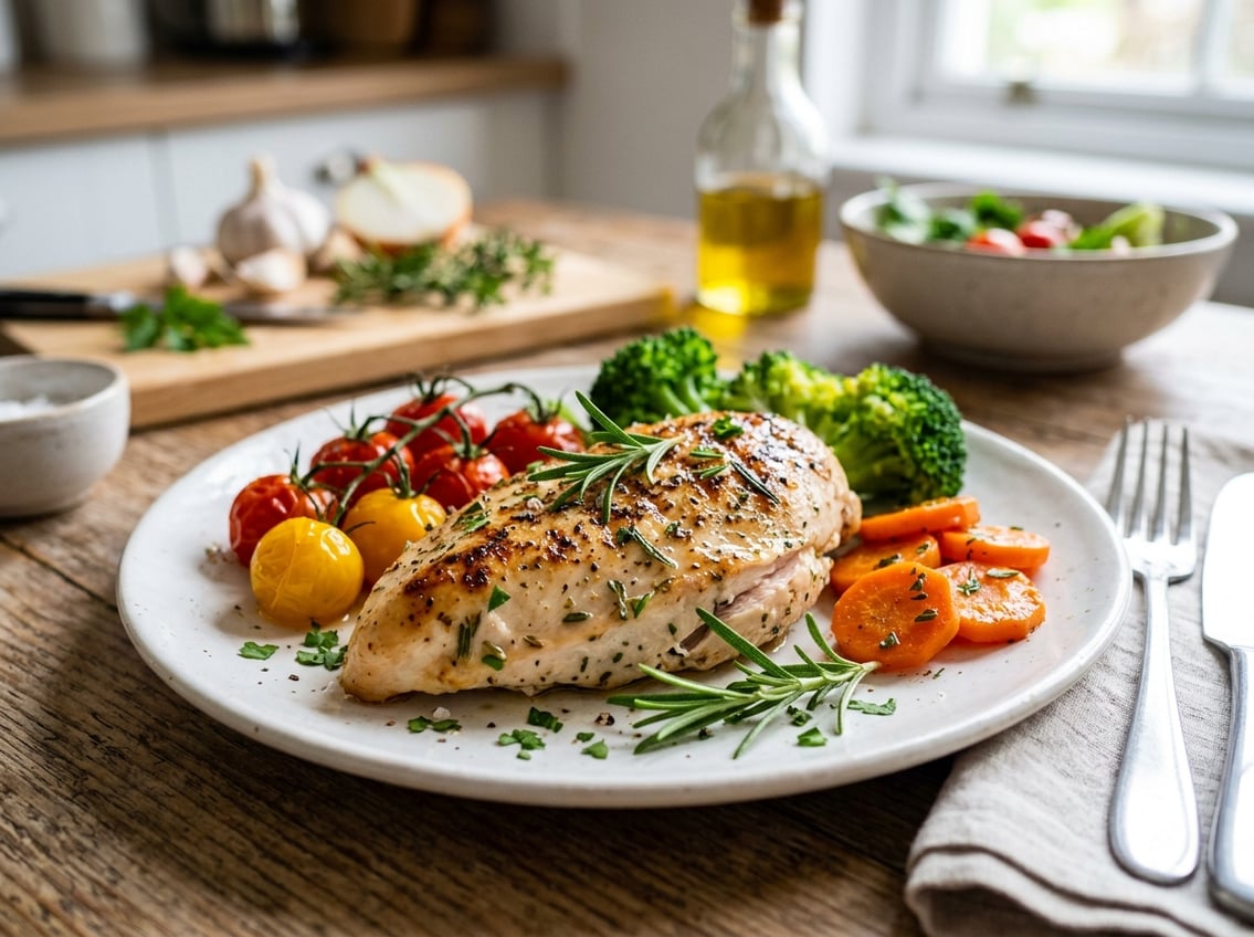 A cooked chicken breast garnished with herbs on a white plate surrounded by fresh vegetables on a kitchen countertop.