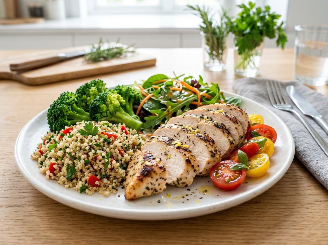A plate with sliced cooked chicken breast served with broccoli, cherry tomatoes, quinoa, and mixed greens on a kitchen table.