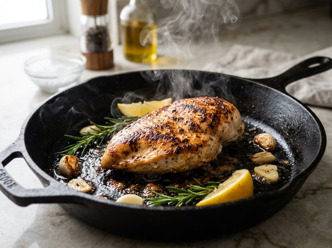A chicken breast cooking on a hot skillet with steam rising, surrounded by fresh herbs and lemon slices on a kitchen countertop.