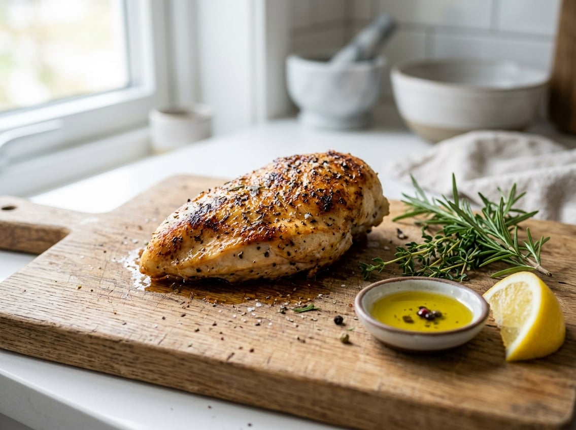 A cooked chicken breast on a wooden cutting board with fresh herbs and a lemon wedge in a kitchen setting.