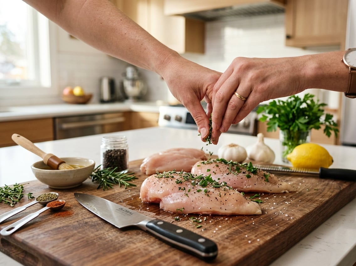 Hands seasoning raw chicken breasts with herbs on a wooden cutting board in a kitchen.