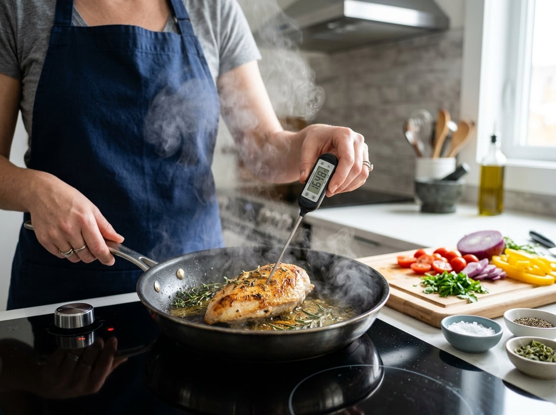 A person using a meat thermometer to check the doneness of a chicken breast cooking in a frying pan on a stovetop.