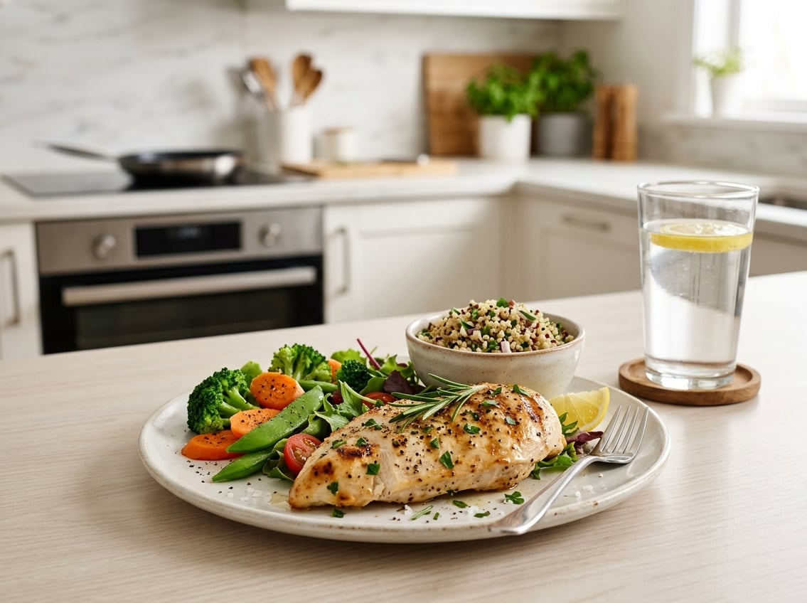 A cooked chicken breast on a plate with fresh herbs, surrounded by vegetables and a glass of water on a kitchen table.