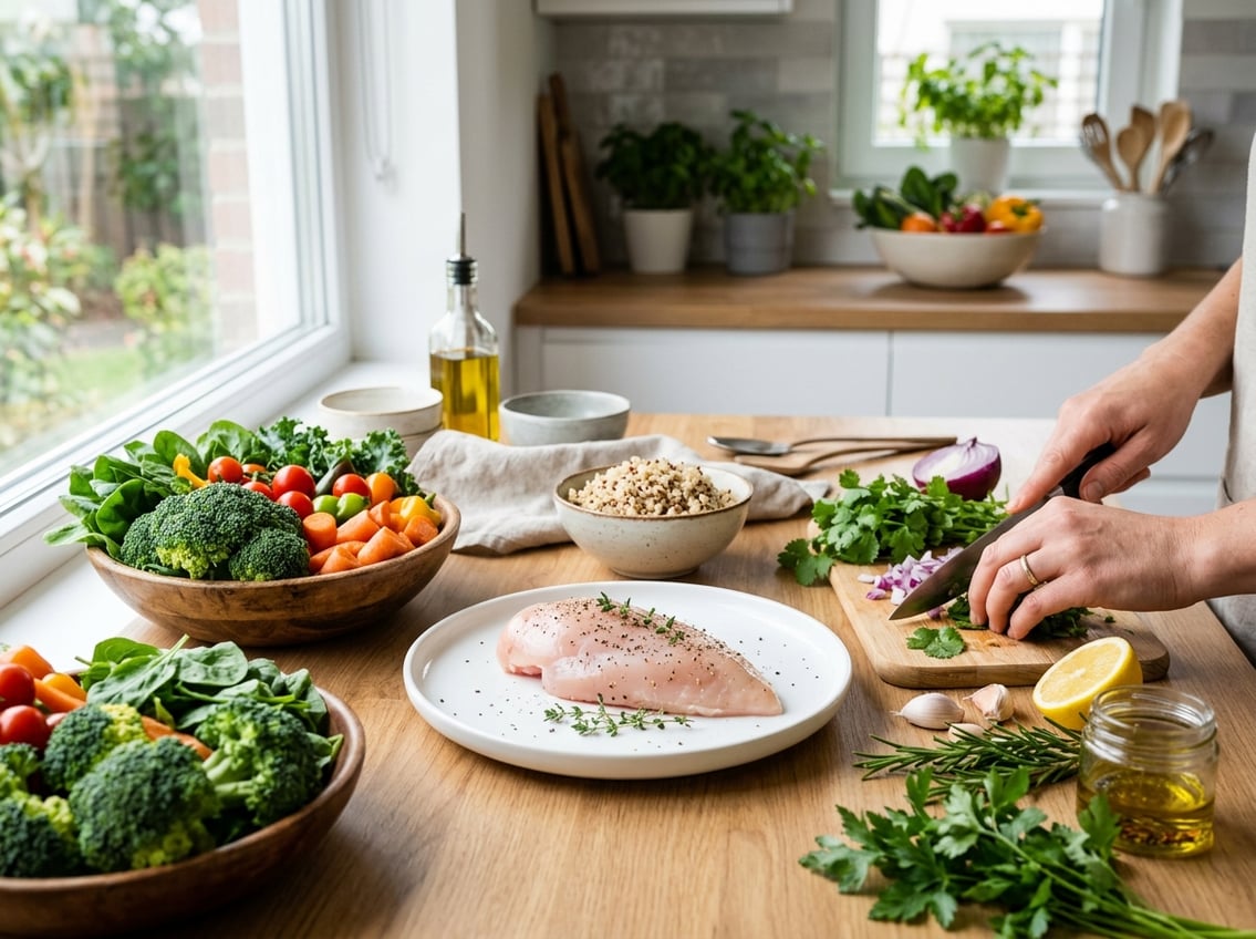 A kitchen countertop with a raw chicken breast on a plate surrounded by fresh vegetables and a person preparing a meal.