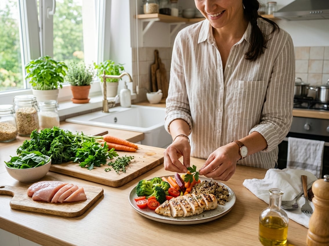 A person preparing a healthy meal with cooked chicken breast and vegetables in a bright kitchen.