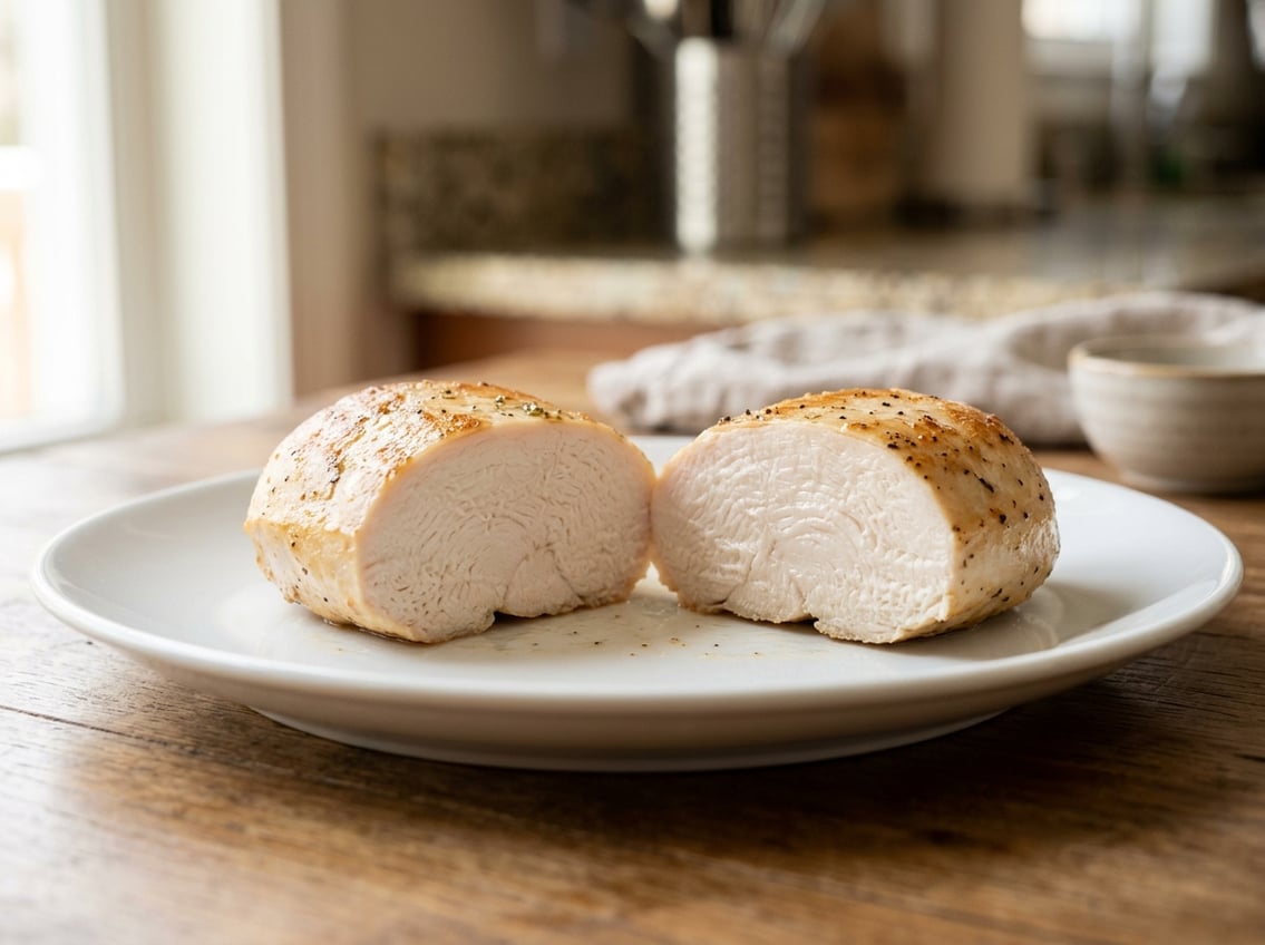 Close-up of a sliced cooked chicken breast on a white plate showing its white interior and golden exterior.