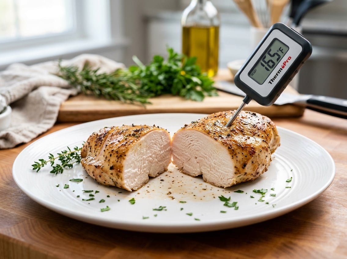Close-up of a sliced cooked chicken breast on a white plate with a kitchen thermometer inserted to check its temperature.