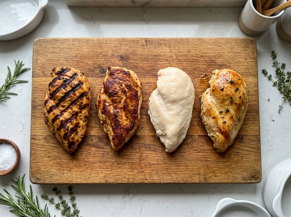 Four pieces of chicken breast cooked by different methods displayed on a wooden cutting board with fresh herbs around them.