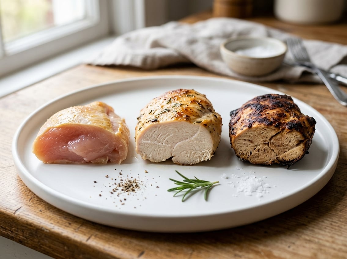 Three chicken breast pieces on a white plate showing undercooked, perfectly cooked, and overcooked stages.
