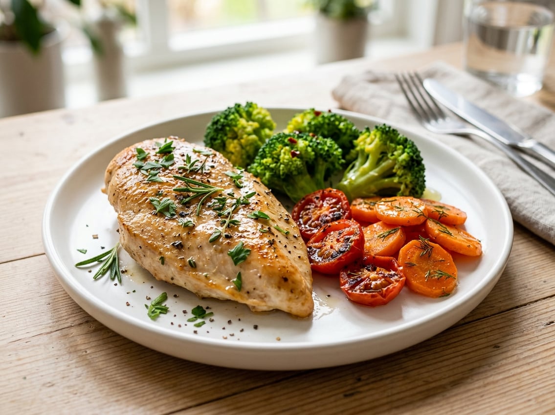 A cooked chicken breast on a white plate garnished with herbs, accompanied by fresh vegetables.