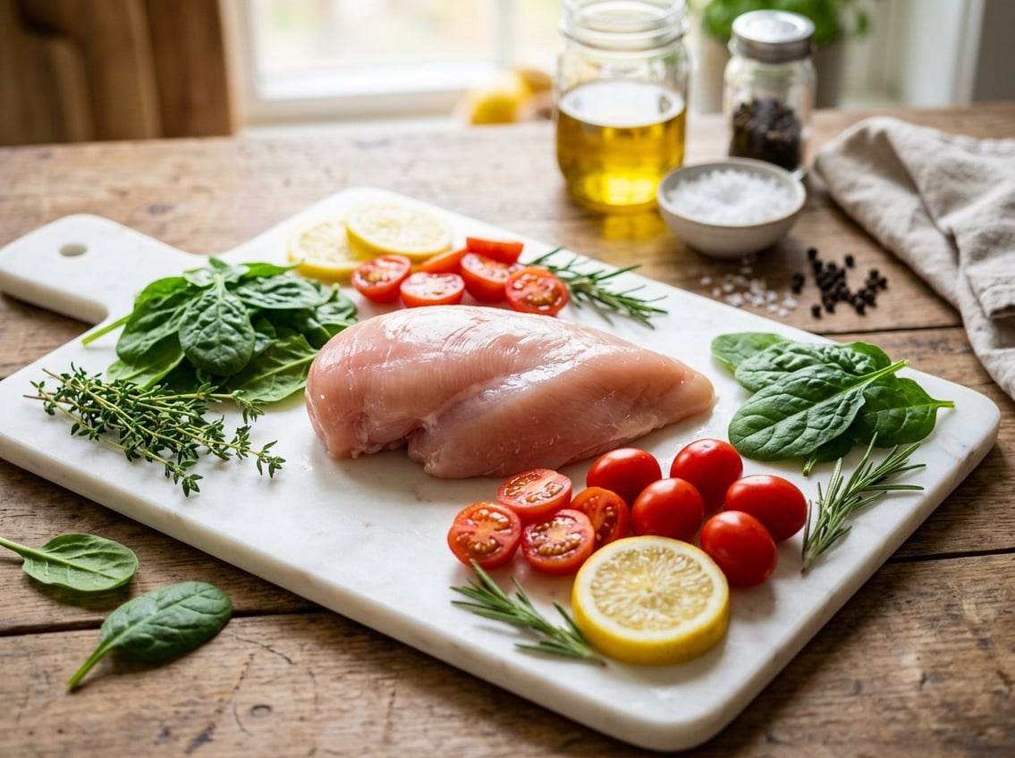 A raw chicken breast on a white cutting board surrounded by fresh vegetables and herbs.