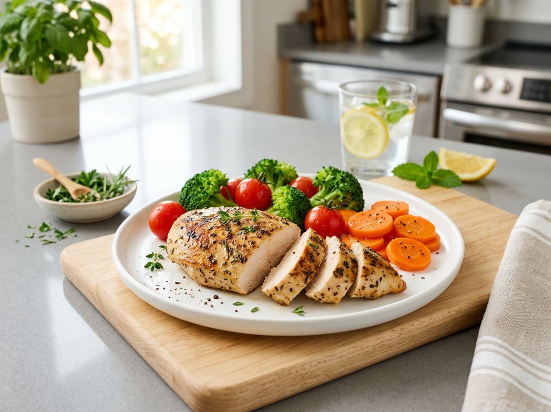 A cooked chicken breast on a white plate with fresh vegetables including broccoli, cherry tomatoes, and carrots on a kitchen table.