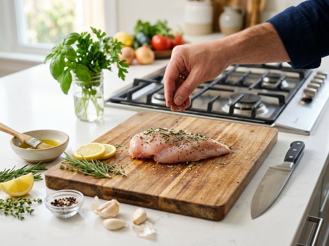 A kitchen countertop with a raw chicken breast being seasoned with herbs, surrounded by fresh ingredients like lemon, rosemary, and garlic.