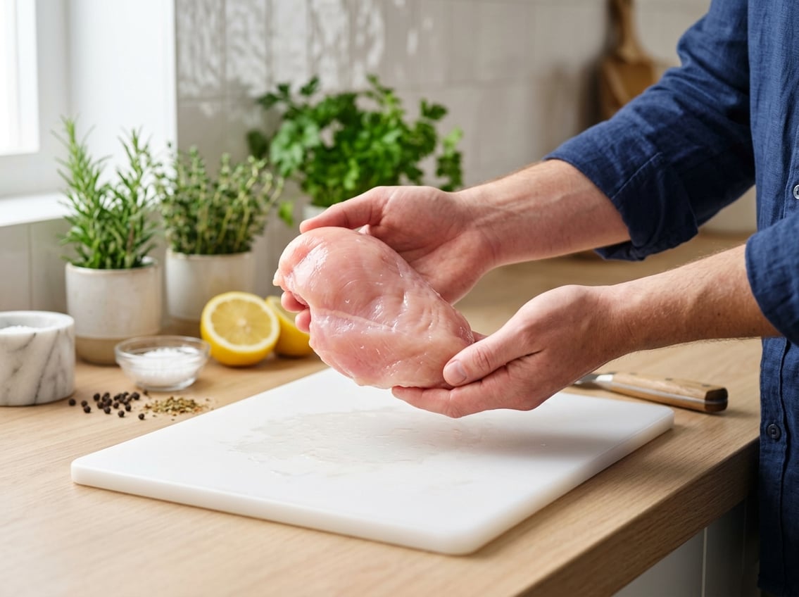 A person holding a fresh raw chicken breast on a white cutting board in a kitchen.
