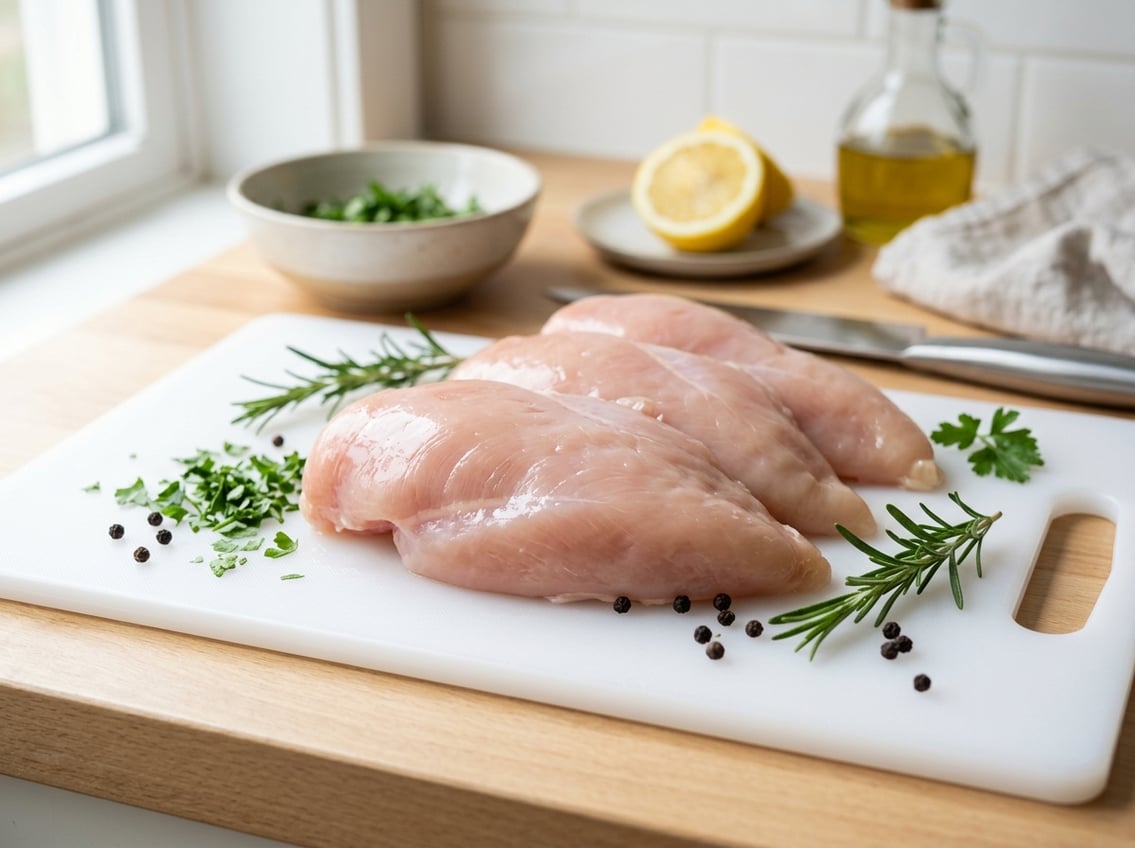 Close-up of fresh raw chicken breasts on a white cutting board with herbs in a bright kitchen.