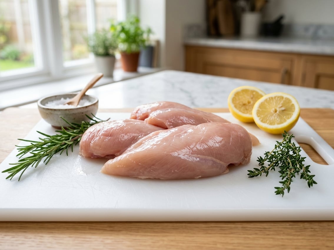 Close-up of fresh raw chicken breasts on a white cutting board with herbs and lemon in a bright kitchen.