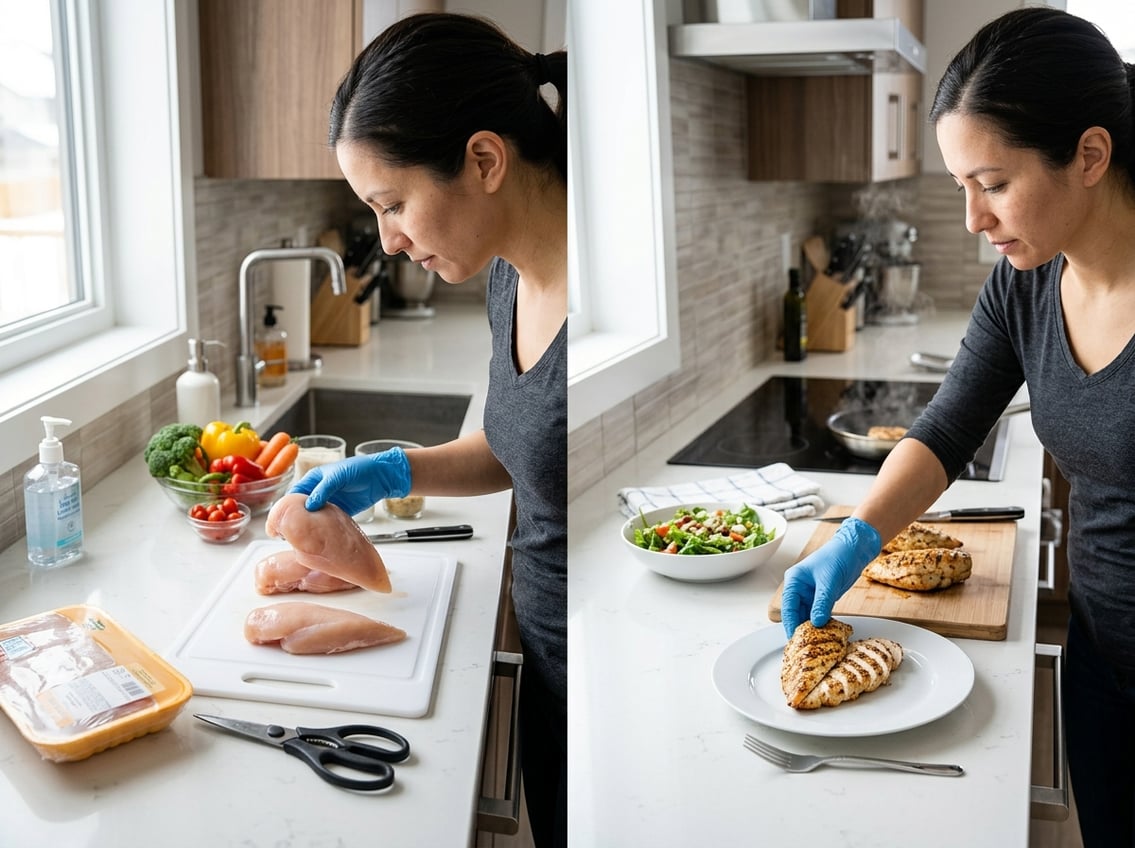 A person wearing gloves inspecting raw chicken breast on a cutting board in a clean kitchen.