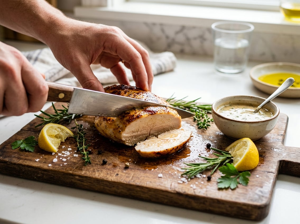 A sliced chicken breast on a wooden cutting board with fresh herbs, lemon wedges, and a bowl of sauce nearby.