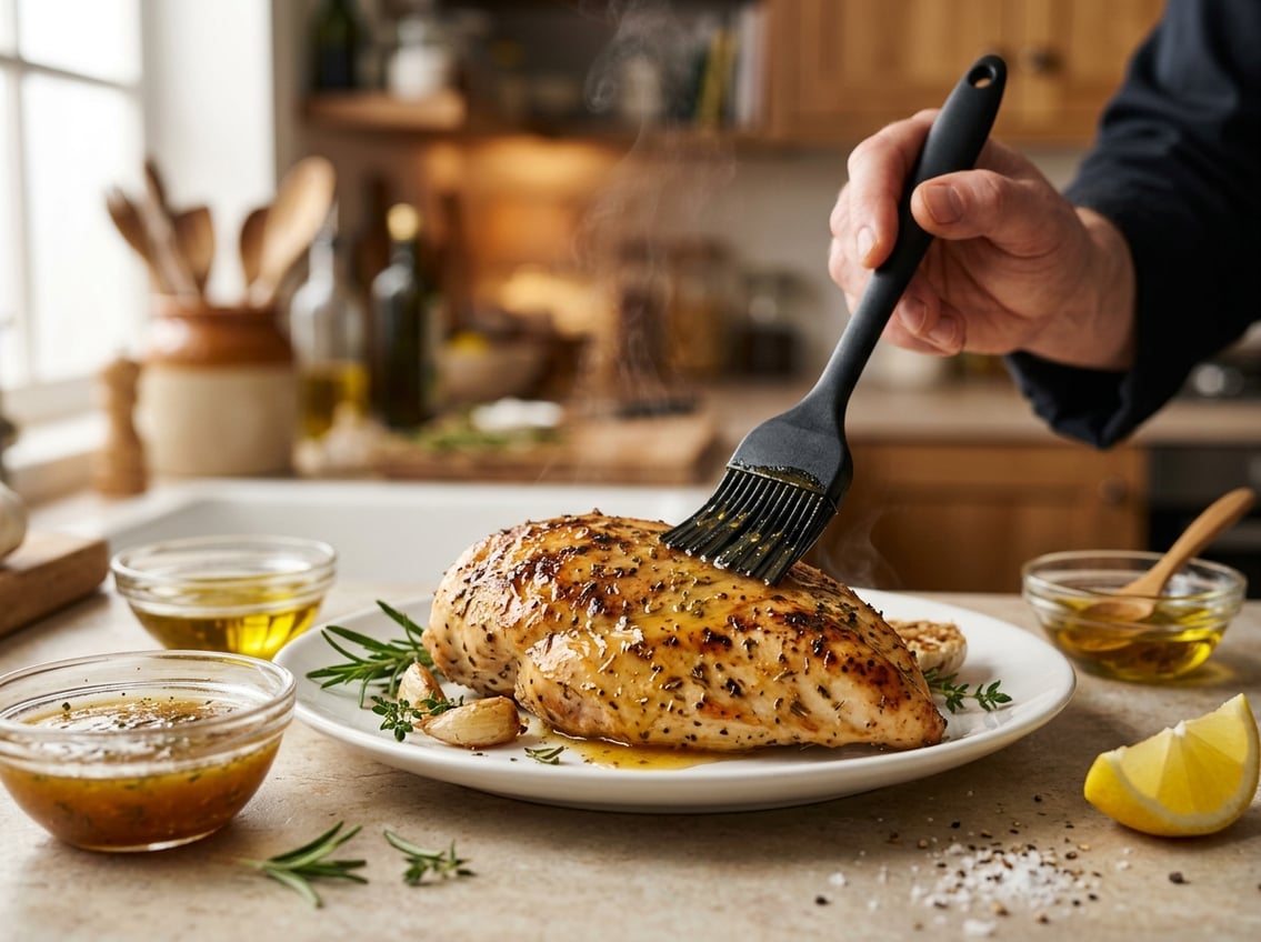 Close-up of a cooked chicken breast being brushed with sauce on a plate, surrounded by fresh herbs and lemon wedge.