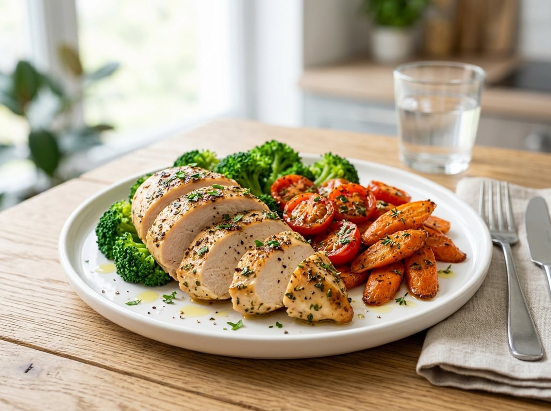 A sliced, juicy chicken breast served with fresh vegetables on a white plate on a dining table.