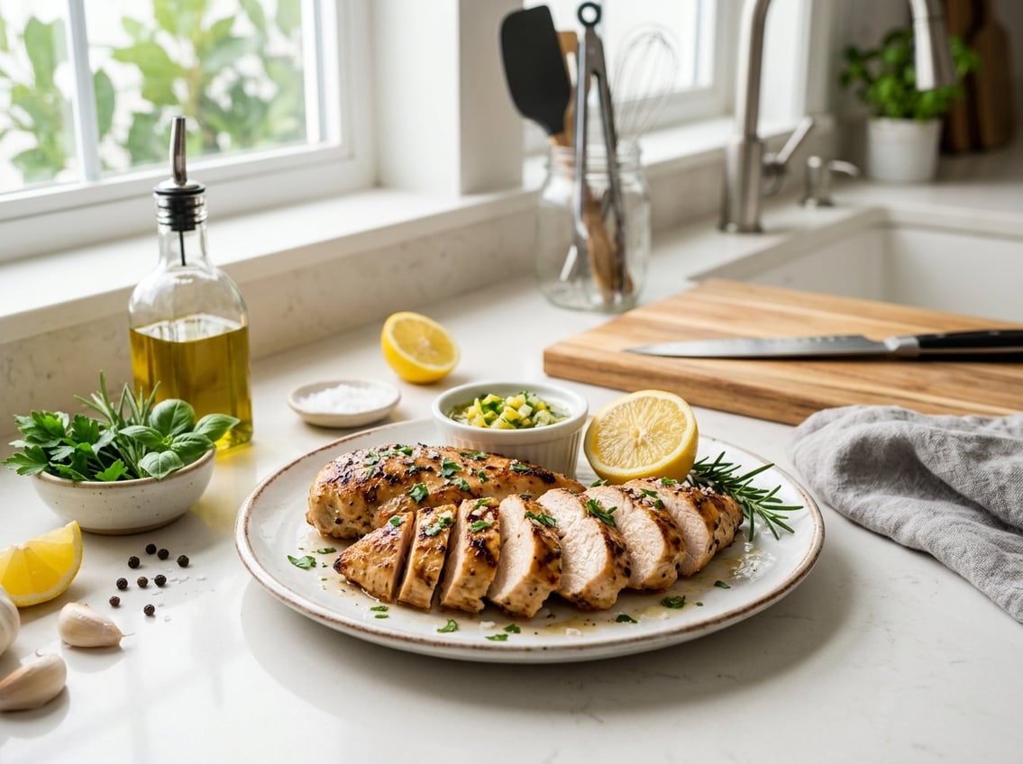 A plate of sliced cooked chicken breasts with fresh herbs and lemon wedges on a kitchen countertop.
