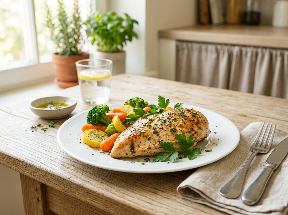 A cooked chicken breast on a white plate with steamed vegetables and green herbs on a dining table.