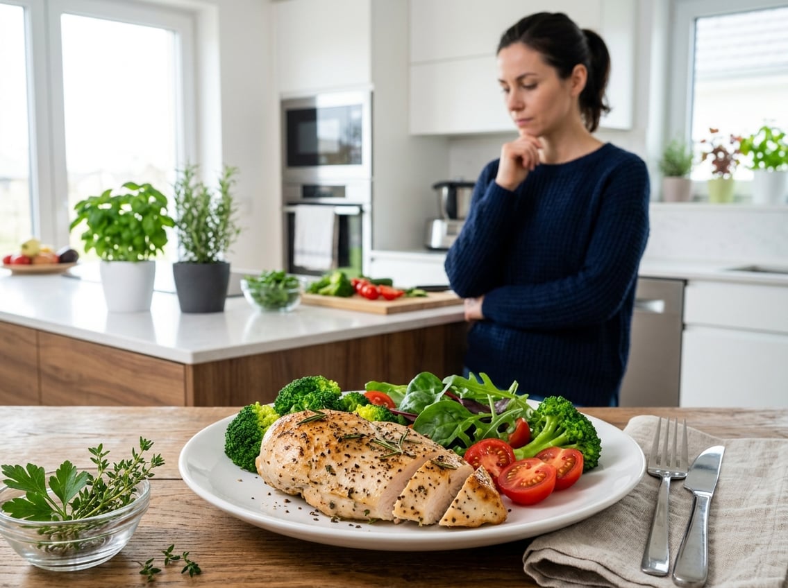 A person in a kitchen looking thoughtfully at a plate with cooked chicken breast and fresh vegetables.