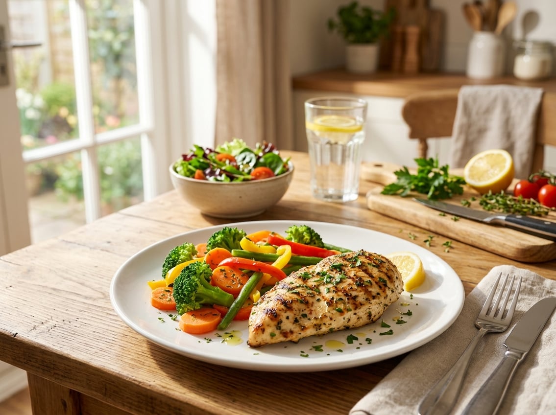 A plate of grilled chicken breast with steamed vegetables on a table in a bright kitchen with natural light.