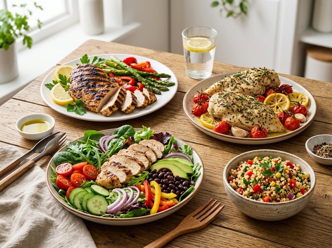 A table with several healthy chicken breast dishes and fresh vegetables arranged neatly.