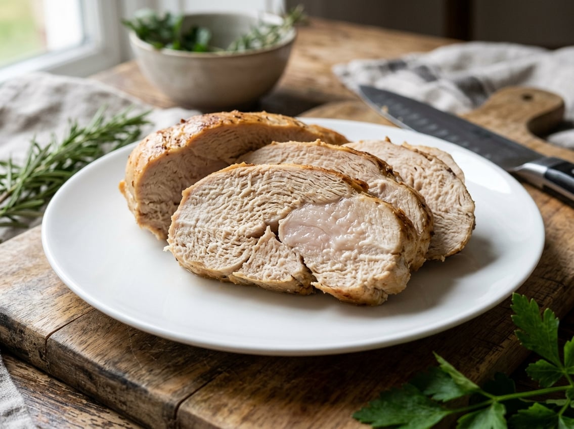 Close-up of a sliced cooked chicken breast showing a woody texture on a white plate with fresh herbs in the background.