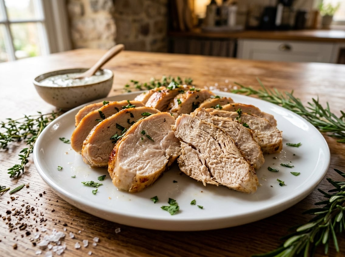 Close-up of cooked chicken breast showing tender and tough woody sections on a white plate with herbs and sauce nearby.