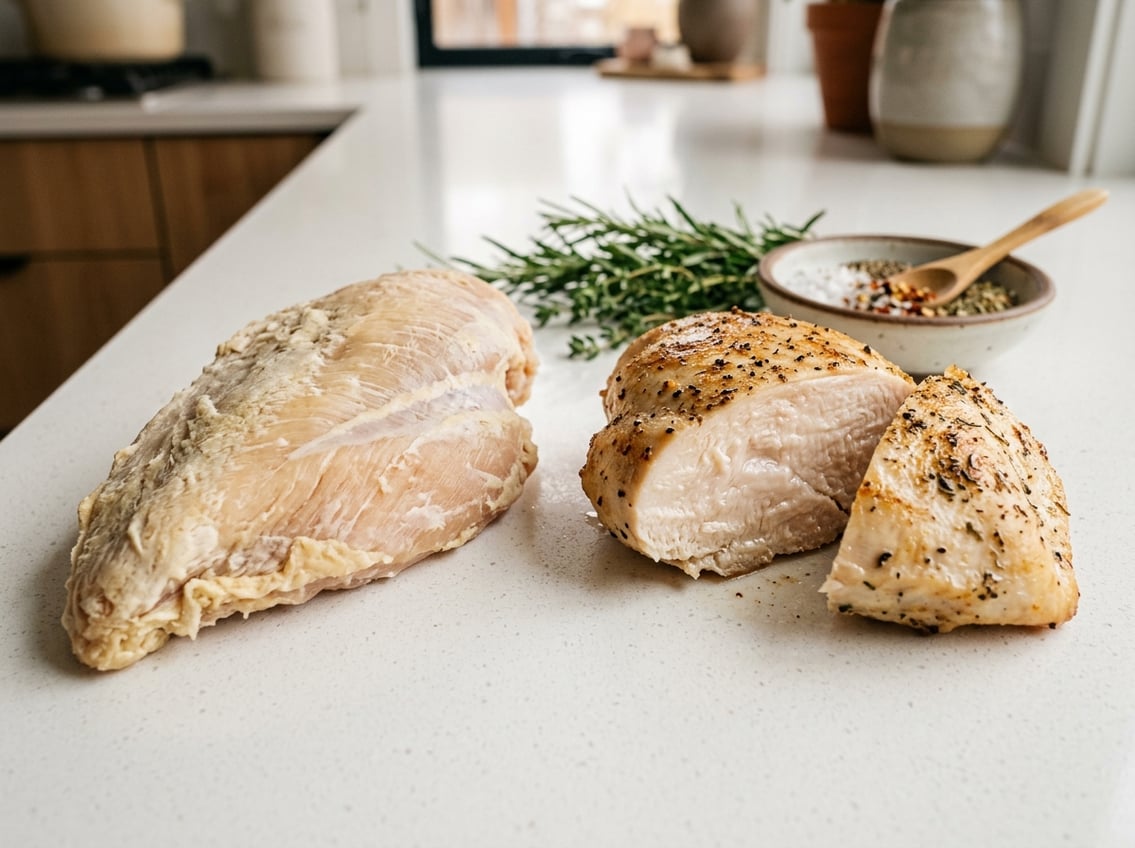 Close-up of raw and cooked chicken breasts on a kitchen countertop with fresh herbs nearby.
