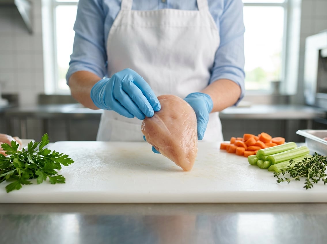 A person wearing gloves inspects a raw chicken breast with a woody texture on a cutting board surrounded by fresh vegetables in a kitchen.