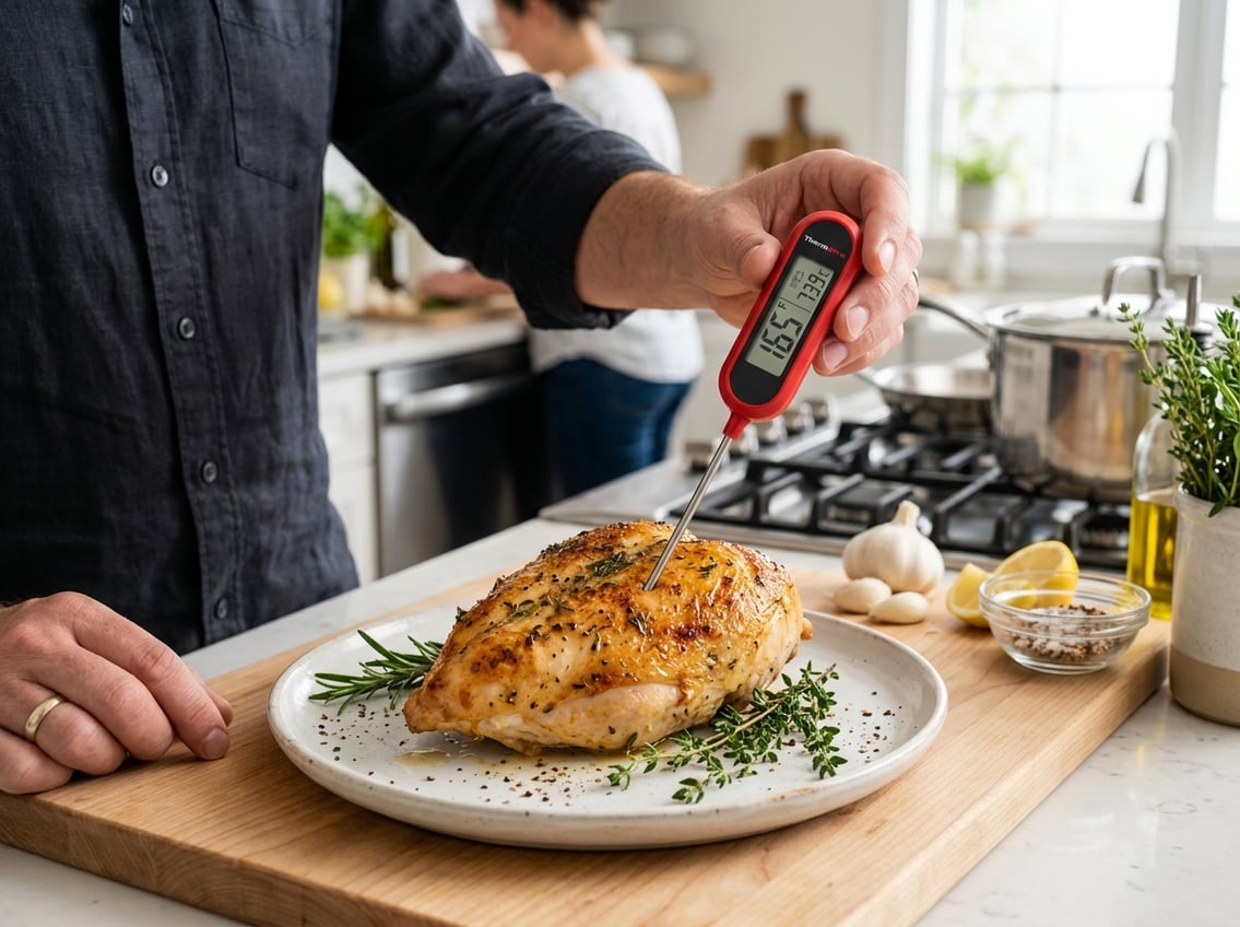 A cooked chicken breast on a plate being checked with a digital meat thermometer in a kitchen.